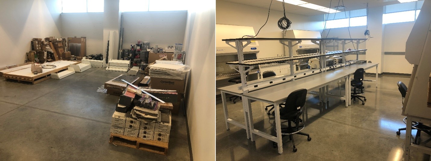 Before and after photos of the SARS-CoV-2 saliva processing laboratory.