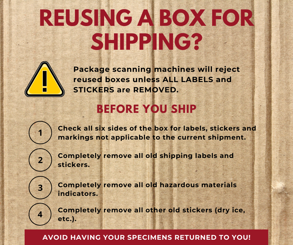 graphic explaining reused boxes must have all previous labels and stickers removed before shipping; failing to remove these will likely cause the package to be returned