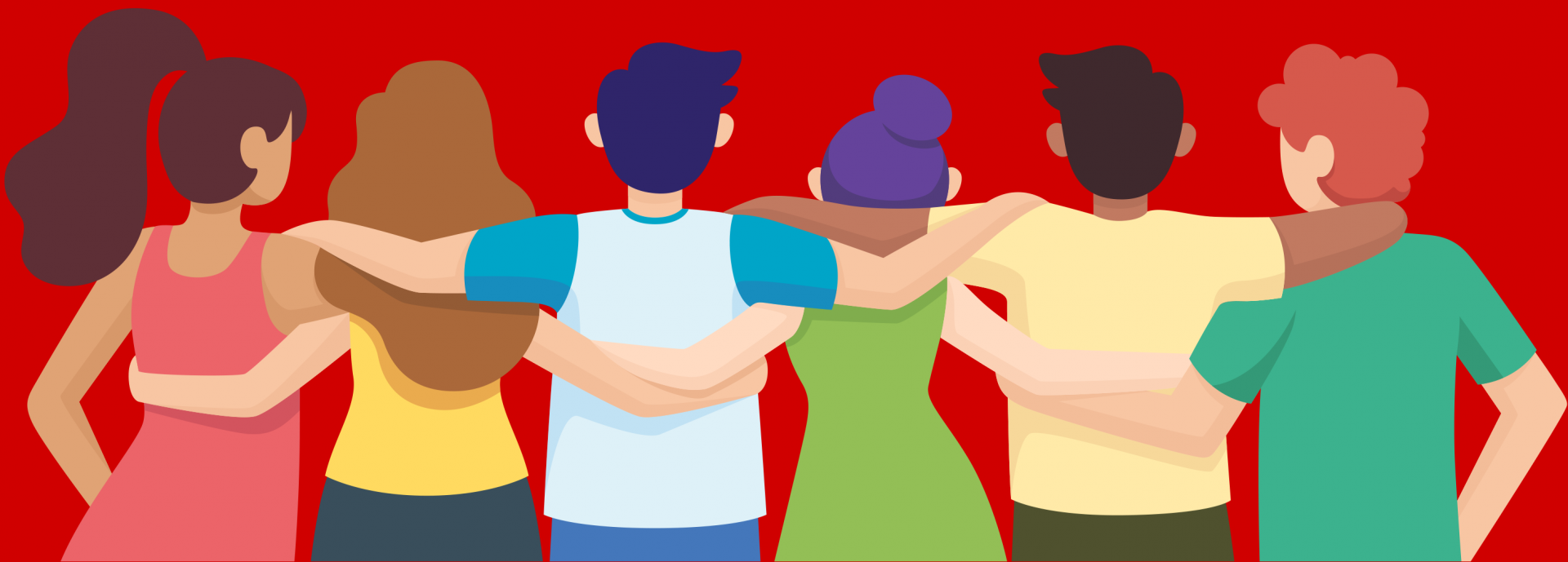 illustration of a group of diverse people with arms around one another's shoulders..