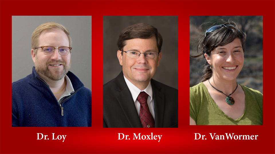 Image showing headshots of Dr. Dustin Loy, Dr. Rodney Moxley and Dr. Liz VanWormer