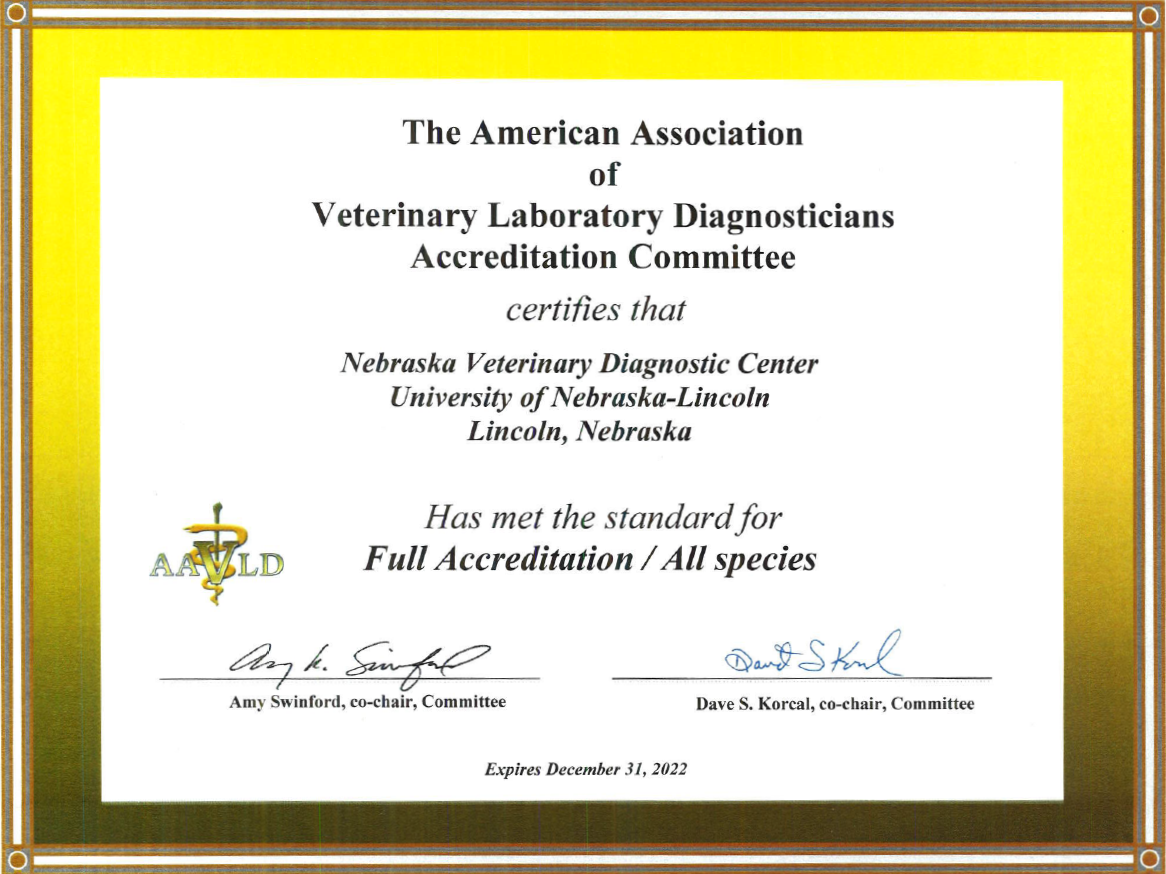 image of current AAVLD accreditation certificate
