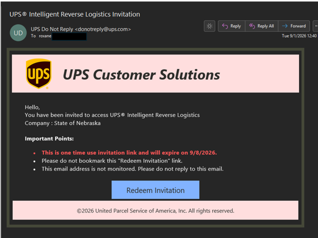 UPS Customer Solutions email with a "Redeem Invitation" button and expiration details.