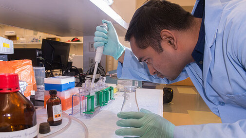 A graduate student works in his lab.