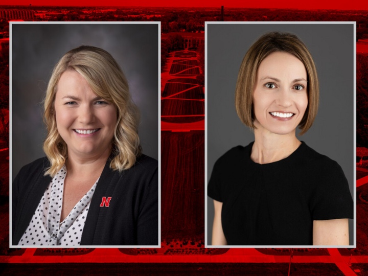 Side by side portraits of Amy Desaulniers and Renee McFee in professional attire on a red and gray background.