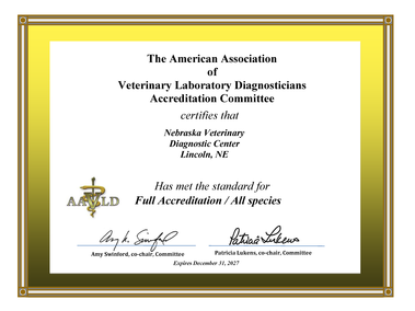 AAVLD certified lab certificate