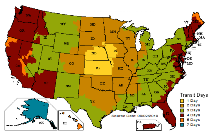 Map of the United States with shading indicating the number of days a package will be in transit.