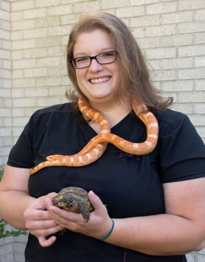 Nicole, smiling, holds a turtle, with an orange snake draped over her shoulders.